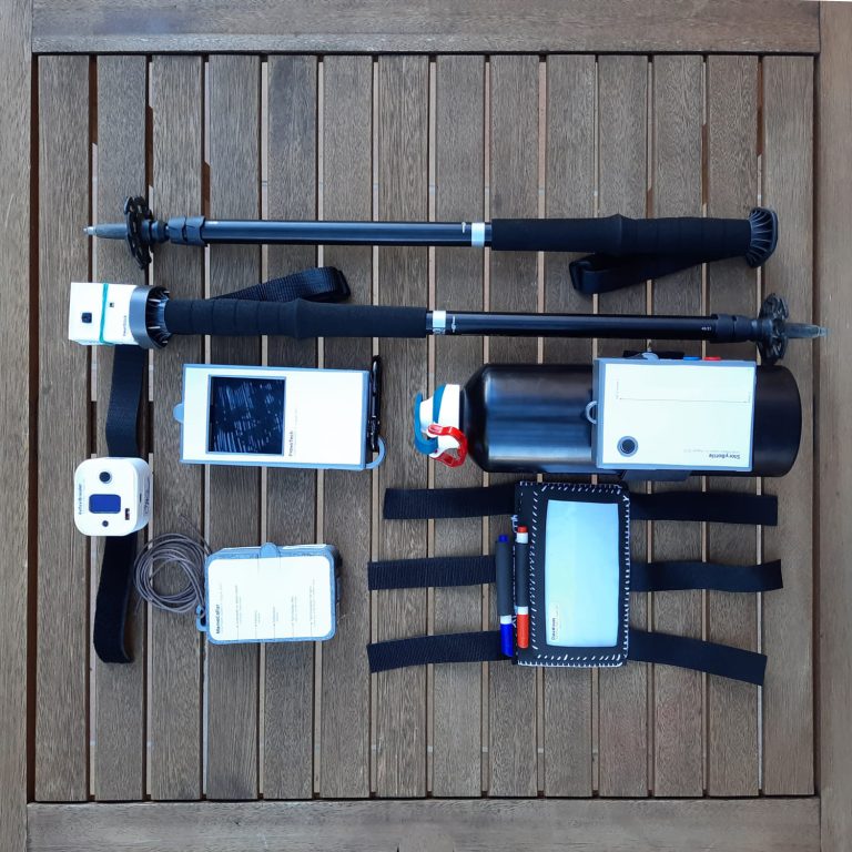 Overhead view of a tangible co-design toolkit with wooden tokens and printed cards